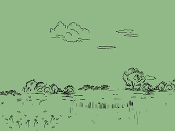 Gezeichnete Wiese mit Bäumen, Sträuchern, Blumen und Wolken. Die Zeichnung ist in schwarz auf grünem Hintergrund.
