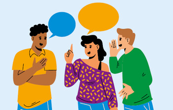 Illustration von drei Personen im Gespräch. Über den Köpfen befinden sich zwei Sprechblasen in Blau und Orange.