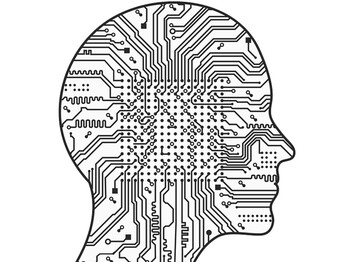 Artificial Intelligence. The image of human head outlines, inside of which there is an abstract circuit board