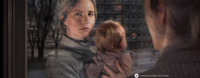 Eine Frau mit Kind am Arm schaut aus dem Fenster. Ihr Gesicht spiegelt sich im Fensterglas wider. Vor dem Fenster ist eine Wohngegend erkennbar.
