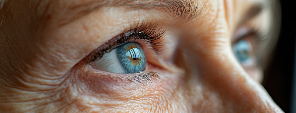 Nahaufnahme eines blauen Auges mit feinen Wimpern und sichtbaren Hautstrukturen. Die Aufnahme lenkt den Blick auf Wahrnehmung, Aufmerksamkeit und Individualität.