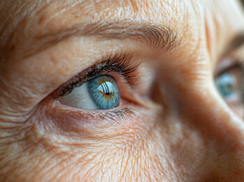 Nahaufnahme eines blauen Auges mit feinen Wimpern und sichtbaren Hautstrukturen. Die Aufnahme lenkt den Blick auf Wahrnehmung, Aufmerksamkeit und Individualität.