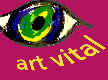 Gemaltes Auge auf lila Hintergrund unter dem: "art vital. Kunstgruppe Retz im Kunst Museum" steht.