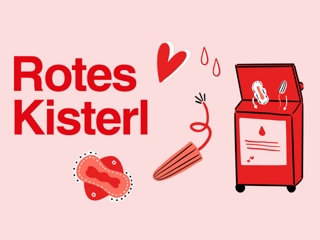 Illustration mit Schriftzug „Rotes Kisterl“, Tampon, Binden und roter Box für Menstruationsprodukte