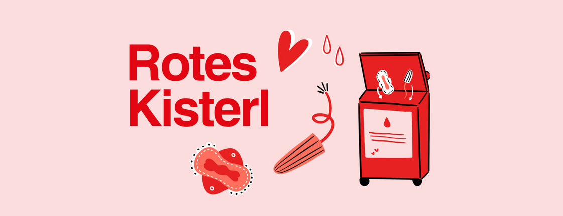 Illustration mit Schriftzug „Rotes Kisterl“, Tampon, Binden und roter Box für Menstruationsprodukte