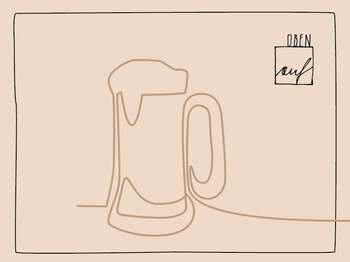 Bierglas voll, linear reduziert in orangebrauner Farbe dargestellt auf hell-orange-braunem Hintergrund. Rechts oben befindet sich der Schriftzug OBENauf.