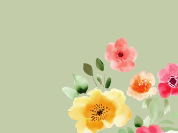 Gemalte einzelne Blumen in der rechten unteren Ecke des Bildes in gelb, Ros und Orange mit vereinzelt grünen Blättern auf hellgrünem pastelligem Hintergrund