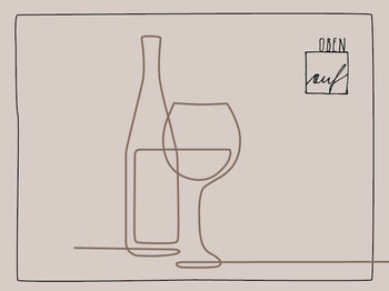 Weinflasche und Weinglas linear reduziert in brauner Farbe dargestellt auf hellbraunem Hintergrund. Rechts oben befindet sich der Schriftzug OBENauf.