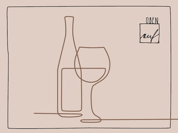 Weinflasche und Weinglas linear reduziert in brauner Farbe dargestellt auf hellbraunem Hintergrund. Rechts oben befindet sich der Schriftzug OBENauf.