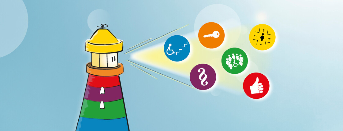 Leitbild Aktionen Leuchtturm als Comic dargestellt in den Farben Gelb, Orange, Rot, Violett, Grün und Blau. Der Leuchtturm schwebt in der Luft und schaut nach rechts. Von den Augen geht ein Leuchtkegel weg. Im Leuchtkegel sieht man in in bunten Kugeln verschiedene Icons (Rollstuhl vor Treppe, Schlüssel, Gesetzeszeichen, Rollstuhlfahrer in Gruppe, Icon Mensch in Mitte von symbolischer Straßenkreuzung, Hand Daumen nach oben). Hintergrund ist hellblau mit durchscheinenden weißen Kugeln.