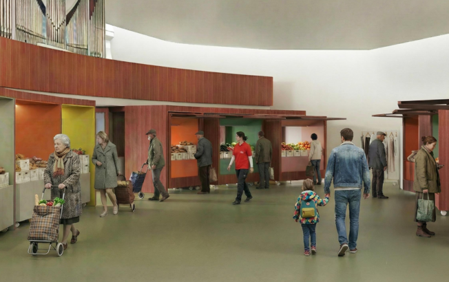 Menschen einer Ausgabestelle für Lebensmittel