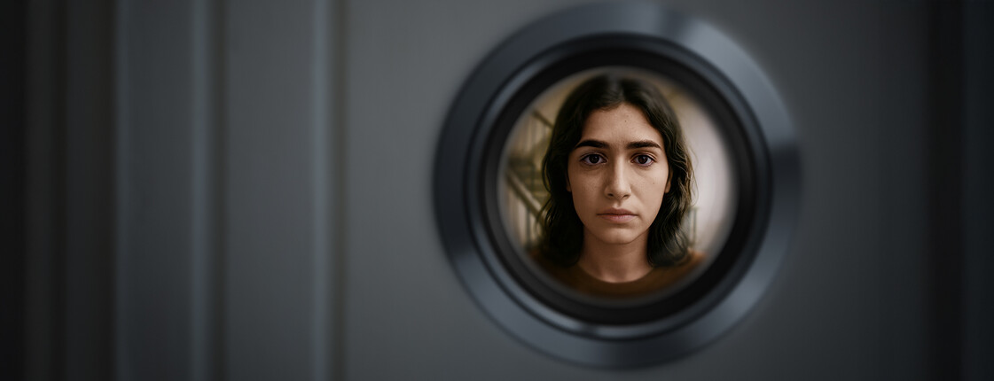 Frauenarmut - die Caritas hilft Junge Frau mit ernstem Blick steht vor einer Wohnungstür, Symbol für Frauen die in Armut leben