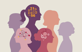 Illustration von Personen mit Symbolen für verschiedene Denk-, Lern- und Wahrnehmungsweisen bei Neurovielfalt
