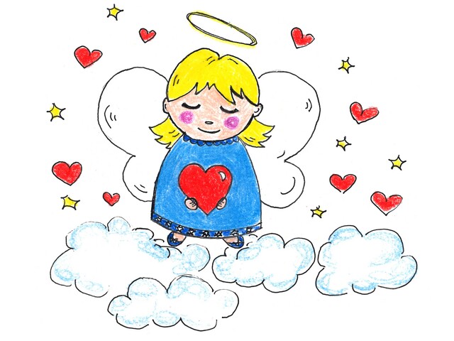 Zeichnung eines Christkinds mit Flügeln und Heiligenschein. Das Christkind schwebt auf Wolken und hält ein großes Herz in seinen Händen.