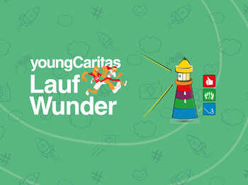 Hintergrund Mintgrüne Fläche mit Symbolen Rakete, Herz Wolken und #, darauf Schriftzug in Weiß Young Caritas Laufwunder und Leuchtturm als Comic gezeichnet in den Farben untereinander Gelb, Orange, Violett, Grün und  Blau + daneben Icons: Daumen hoch weiß auf rot= Ich kann es, Gruppe von Personen weiß auf grün= Ich bin dabei. Rollstuhl vor Treppe weiß auf Blau = Ich kann es