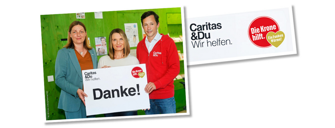 Nora Tödtling-Musenbichler, Barbara Stöckl und Klaus Schwertner (von links nach rechts) halten gemeinsam ein großes Dankesschild der Hilfsorganisation Caritas in die Kamera.