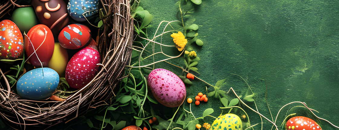 braunes Osterkörbchen gefüllt mit bunten Ostereiern auf grünem Hintergrund