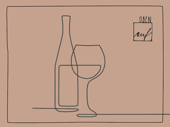 Weinflasche und Weinglas linear reduziert in brauner Farbe dargestellt auf hellbraunem Hintergrund. Rechts oben befindet sich der Schriftzug OBENauf.