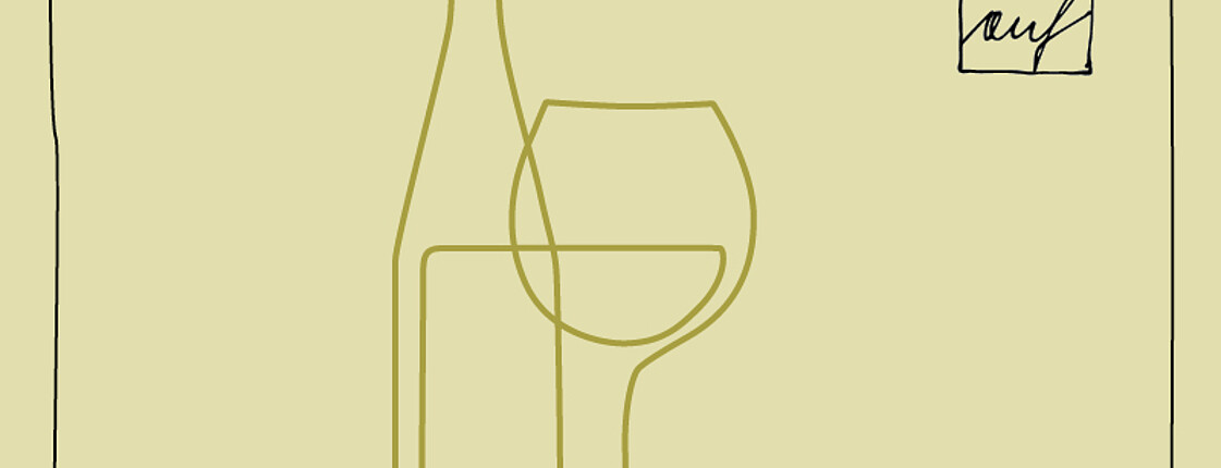 Weinflasche und Weinglas linear reduziert in olivgrüner Farbe dargestellt auf hellgrünem Hintergrund. Rechts oben befindet sich der Schriftzug OBENauf.