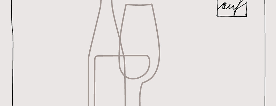 Weinflasche und Sektglas linear reduziert in graubrauner Farbe dargestellt auf hellgrauem Hintergrund. Rechts oben befindet sich der Schriftzug OBENauf.