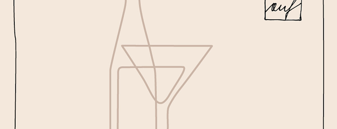 Weinflasche mit dreieckigem Cocktailglas linear reduziert in hellbraun dargestellt. Hintergrund ist in Beiger Farbe. Rechts oben Schriftzug OBENauf