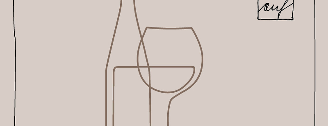 Weinflasche und Weinglas linear reduziert in brauner Farbe dargestellt auf hellbraunem Hintergrund. Rechts oben befindet sich der Schriftzug OBENauf.
