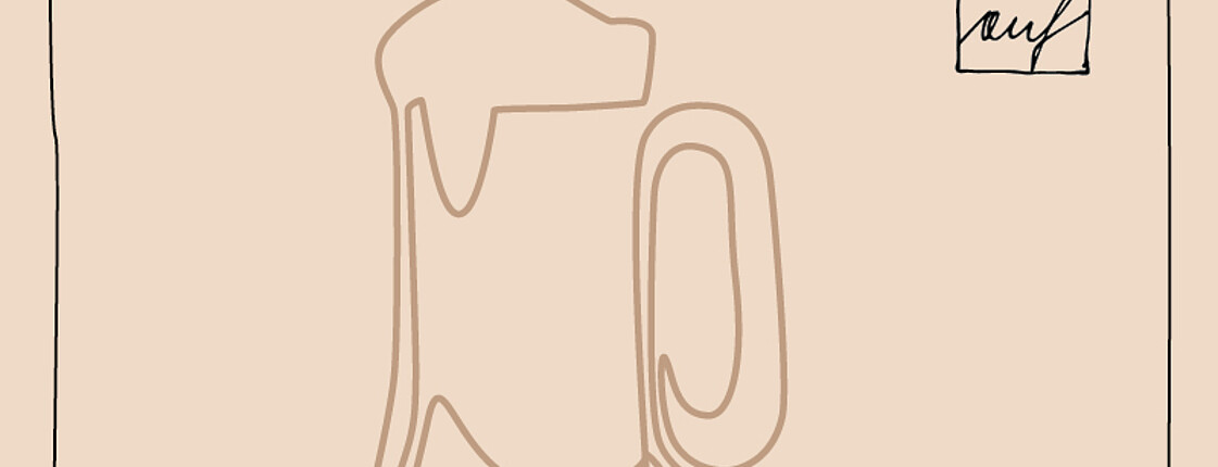 Bierglas voll, linear reduziert in orangebrauner Farbe dargestellt auf hell-orange-braunem Hintergrund. Rechts oben befindet sich der Schriftzug OBENauf.
