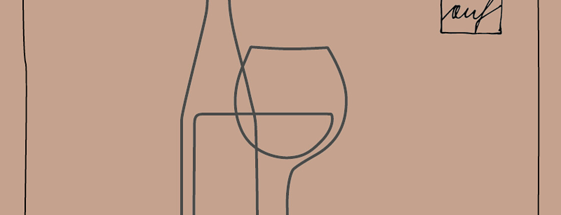 Weinflasche und Weinglas linear reduziert in brauner Farbe dargestellt auf hellbraunem Hintergrund. Rechts oben befindet sich der Schriftzug OBENauf.