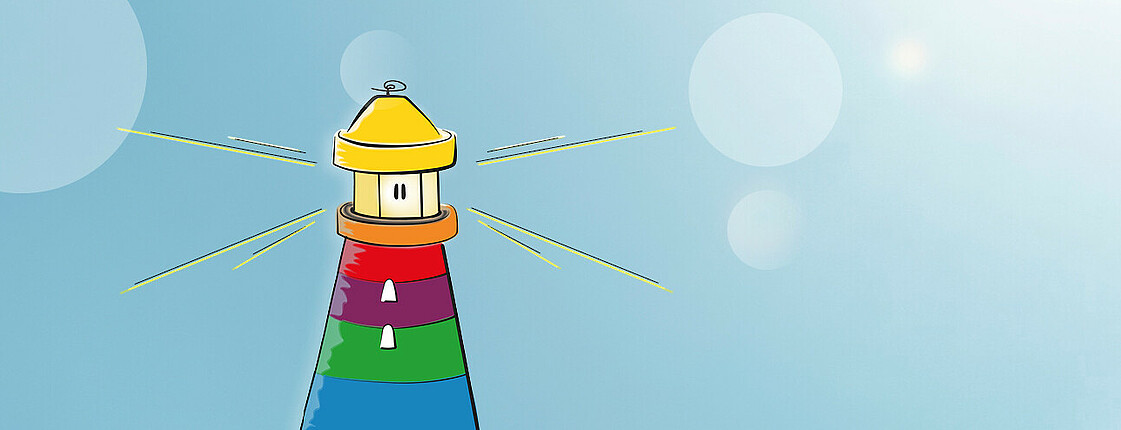 Leuchtturm als Comic dargestellt in den Farben Gelb, Orange, Rot, Violett, Grün und Blau. Der Leuchtturm schwebt in der Luft. Blick ist zum Betrachter gerichtet. Links und rechts gehen jeweils 4 Diagonale Striche weg, die das Leuchten des Leuchtturms symbolisieren. Hintergrund ist hellblau.