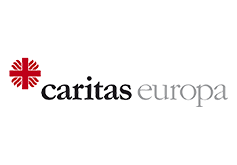Logo von Caritas Europa mit rotem Caritas-Symbol und dem Schriftzug „caritas europa“ auf hellem Hintergrund.